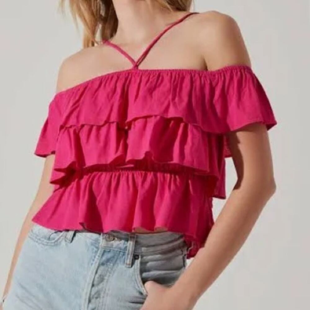 Astr Hot Pink Halter Tired Ruffle Top Size M